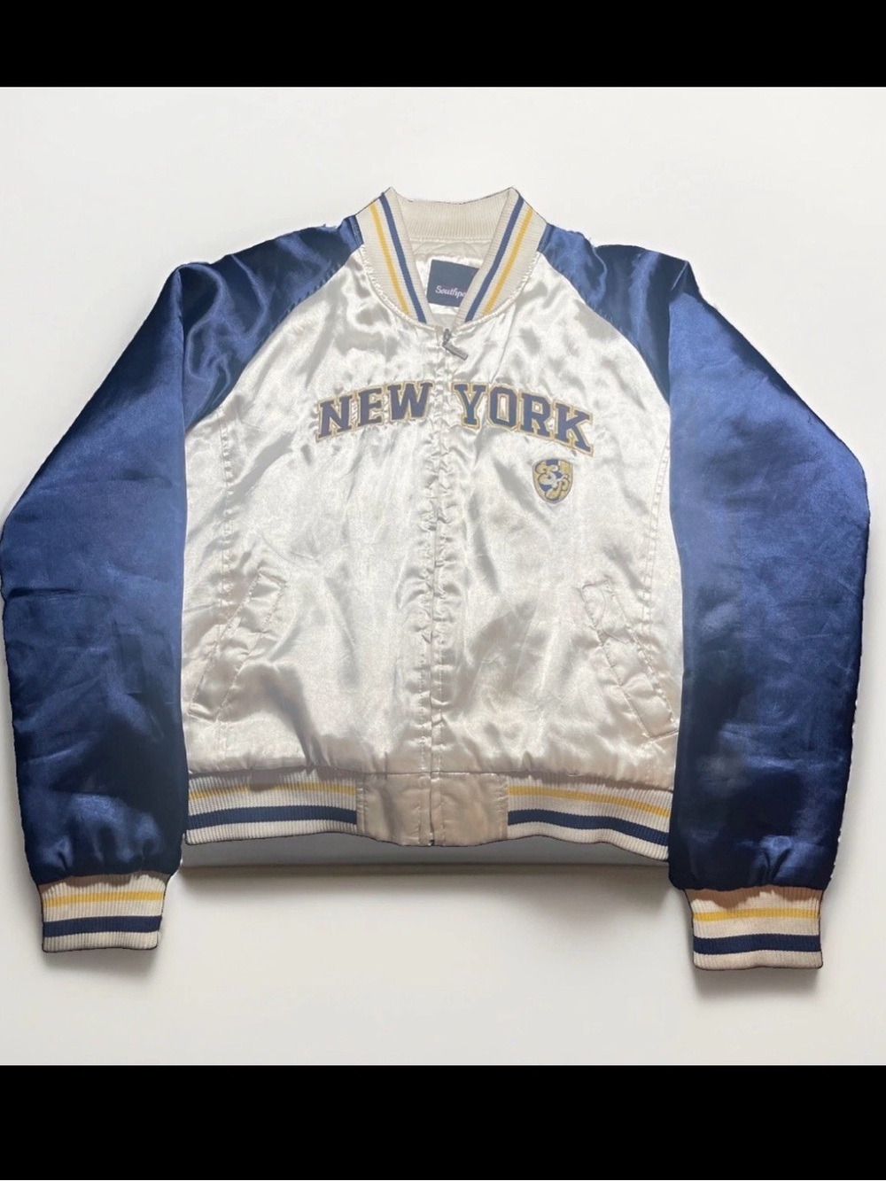 Southpole New York Satin Varsity Bomber Jacket Blue White